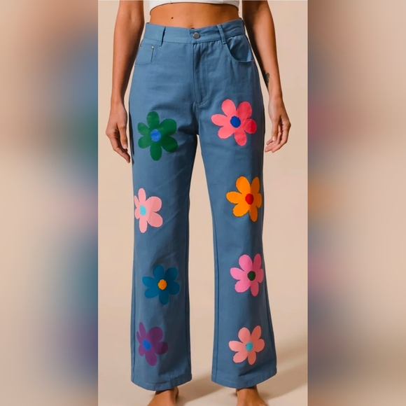 BiBi Blue Boot-Cut Pants with Multicolor Flower Motifs - Picture 3 of 12